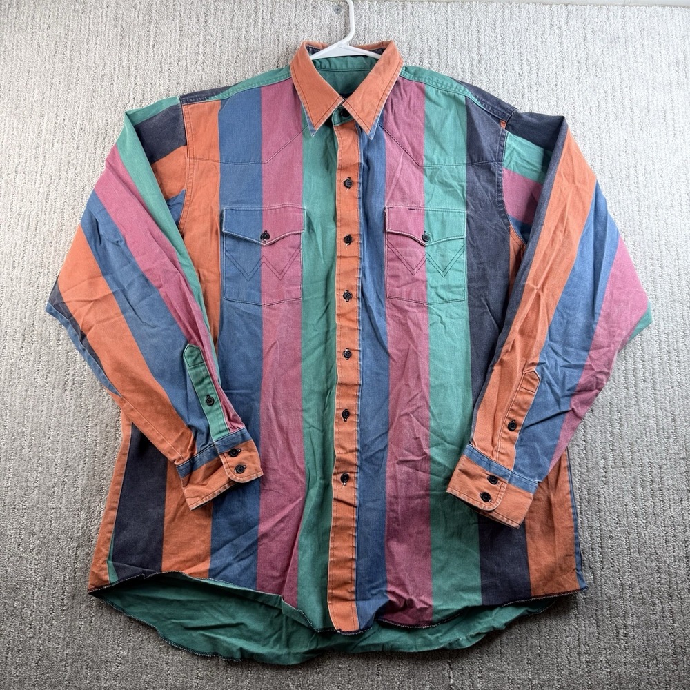 Vintage Wrangler Brushpopper Shirt Men's Sz 17.5-36 Colorful Stripes